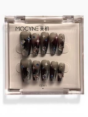 Black and Gray Ombre Press-On Nail Set with Star & Butterfly Rhinestone Accents